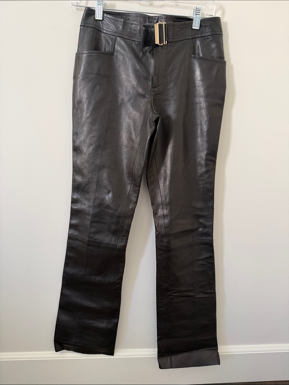 Gucci Black Leather low rise fit  pants with Gold Buckle